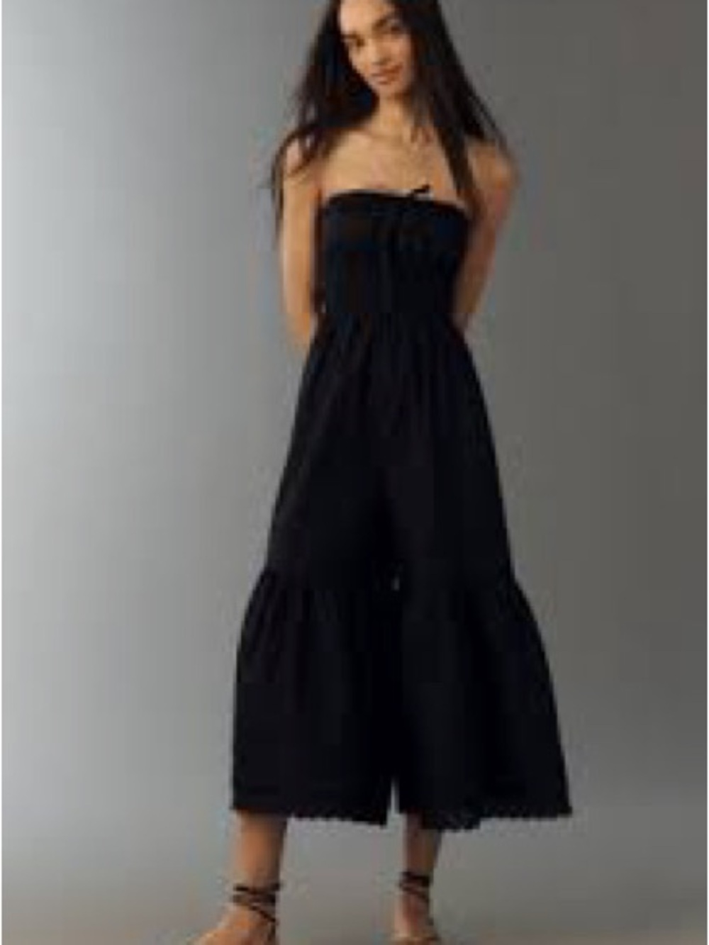By Anthropologie Strapless Wide-Leg Jumpsuit Black Onyx Smocked Eyelet  Sz Small